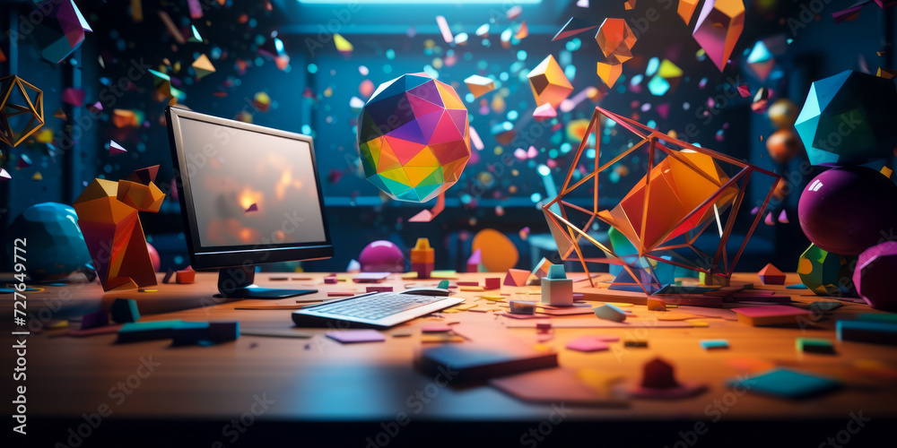 Vibrant and colorful educational workspace with floating geometric ...