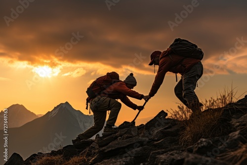 Unstoppable together. inspiring teamwork leading to conquering the mountain peak