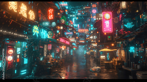 futuristic cyberpunk alleywayneonsign covered buildings and holographic advertisements a scene pulsa Generative AI