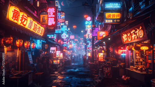 futuristic cyberpunk alleywayneonsign covered buildings and holographic advertisements a scene pulsa Generative AI © Zoheb