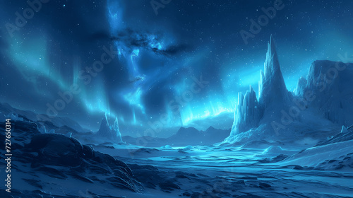 frozen tundra with aurora skiesice castles and snow beasts a chilly and majestic landscape under the Generative AI