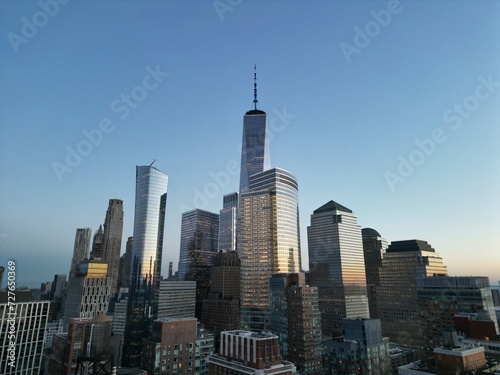 New York city Manhattan skyline from New Jersey. Manhattan over the Hudson river. NYC cityscape, aerial view. Manhattan downtown skyline with urban skyscrapers. New York Manhattan from above.