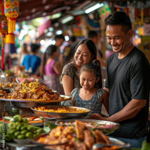 Family Enjoying a Feast at a Bustling Market