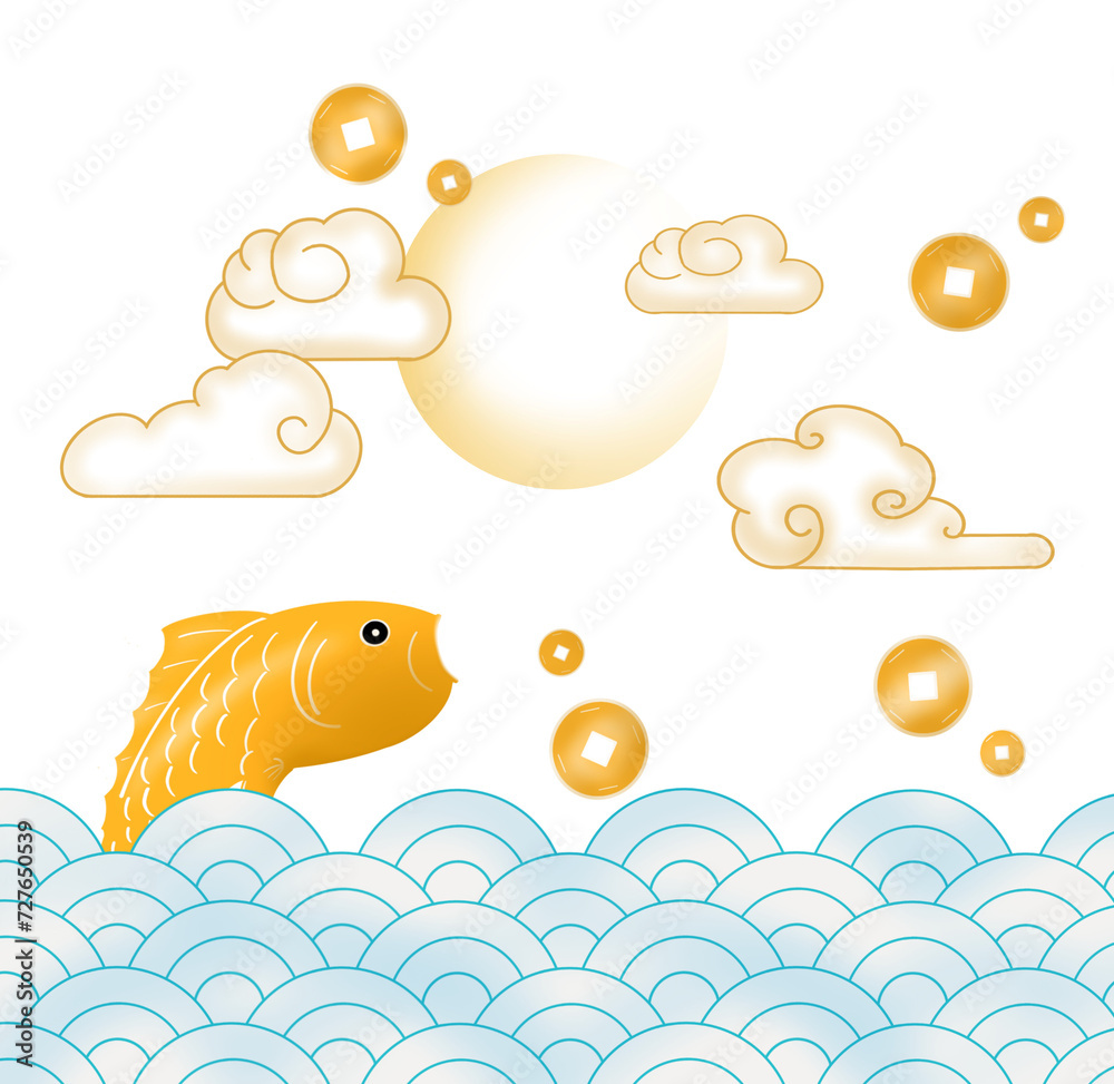 Cute Chinese fish swimming in water with coins PNG pattern Cute Chinese fish swimming in water with coins PNG pattern