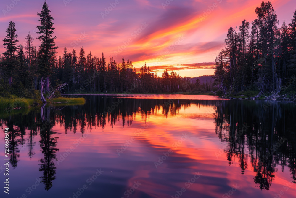 Serene Lake Reflecting Sunset Colors Surrounded by Pines