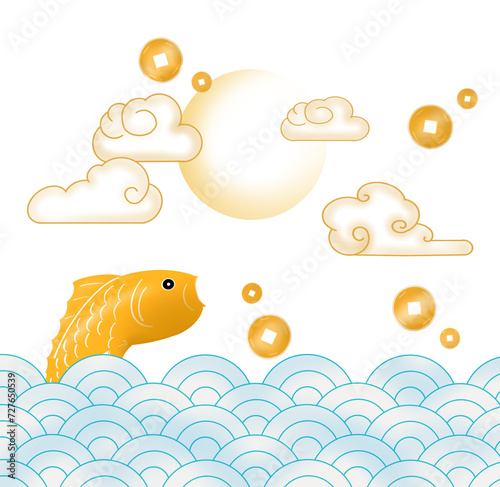 Cute Chinese fish swimming in water with coins PNG pattern