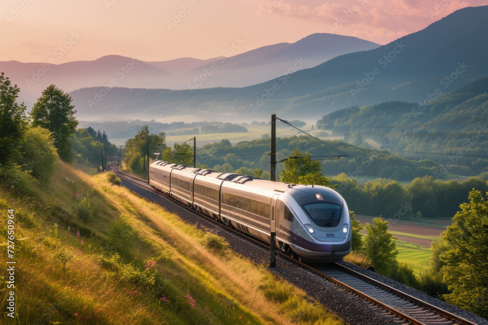 Modern Train Rushing Through Scenic Mountain Landscape