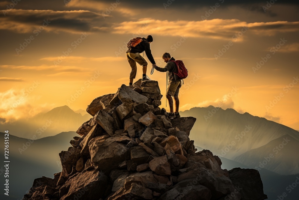 Fototapeta premium Achieving summit. illustration of teamwork with a man assisting his friend to reach the peak