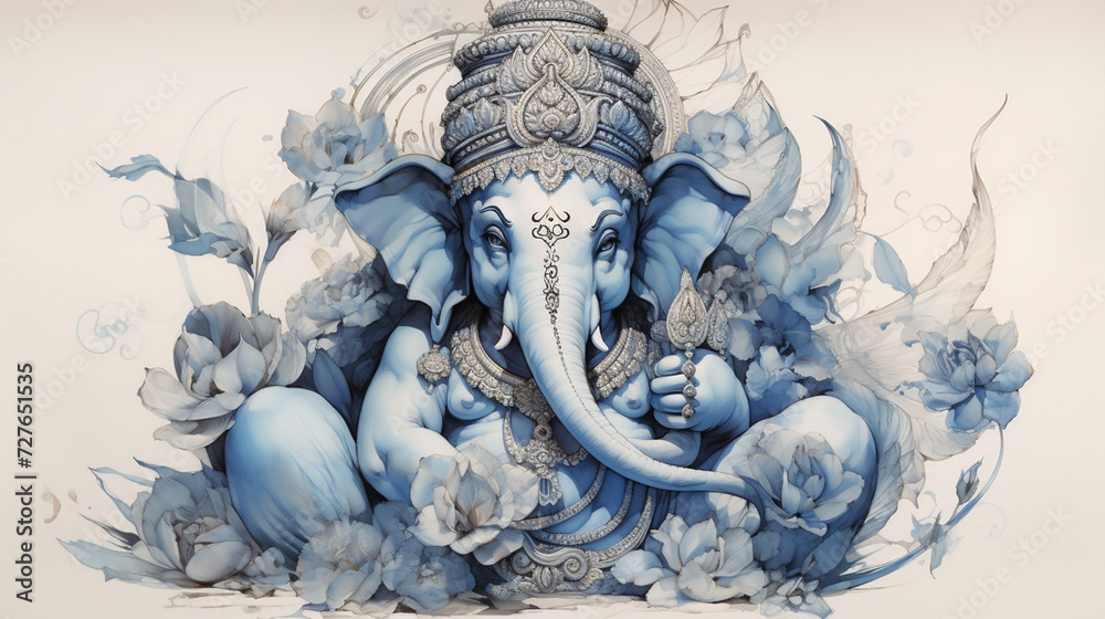 3D pencil sketch drawing of Indian god Ganesh blue tone in white background - obrazy, fototapety, plakaty 