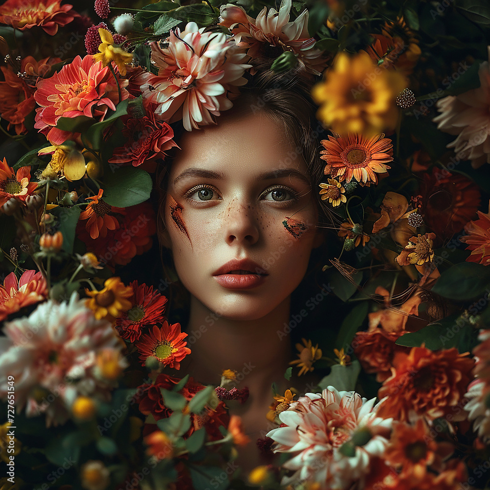 Portrait of a beautiful young woman in a wreath of flowers. Beauty, fashion.