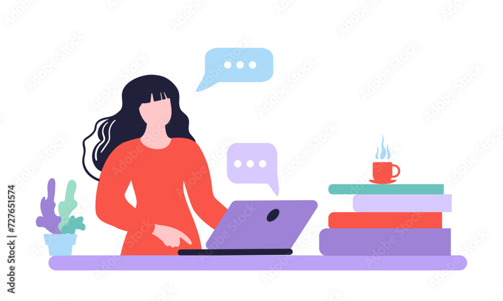 Homeschooling and Workplace. The girl is texting from a laptop. Online learning. Dialog window. Linear vector illustration Homeschooling and Workplace. The girl is texting from a laptop. Online learning. Dialog window. Linear vector illustration