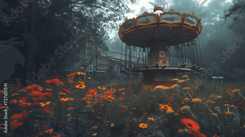 abandoned amusement park reclaimed by natureghostly echoes and wild blooms Once a place of laughter Generative AI