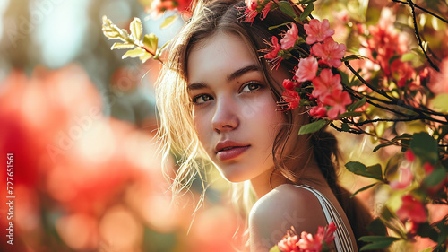 Outdoors portrait of beautiful young woman in spring blooming garden.