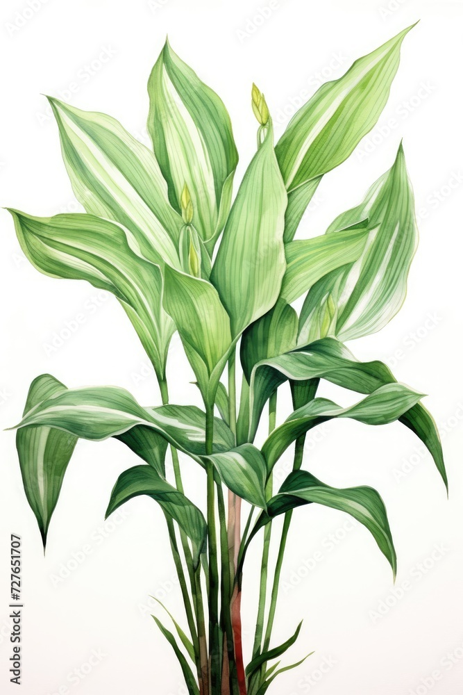 Fototapeta premium Green stems and leaves of the houseplant Aspidistra elatior. Vertical orientation, close-up, bottom view.