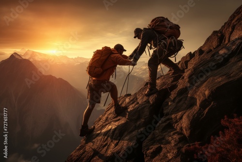 Successful teamwork. supportive man helping friend conquer the challenging mountain peak © sorin