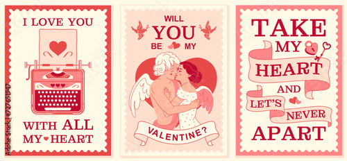 Valentine's day postcard collection. Retro greeting graphic with angel's kiss, old typewriter and love message. Blush pink poster or valentine. Vintage romantic couple hugging and kissing.