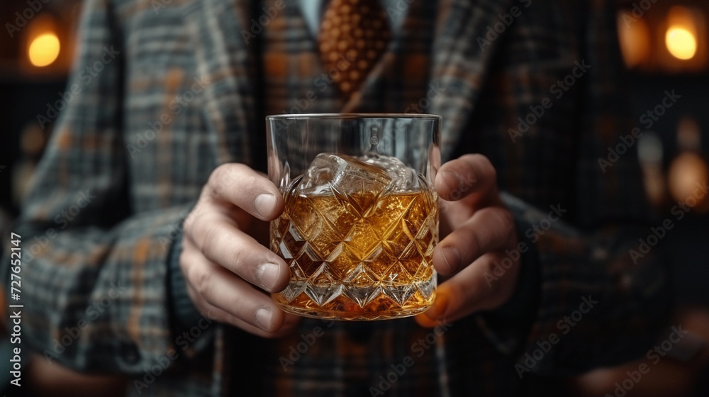 A glass of whiskey in the hands of a gentleman