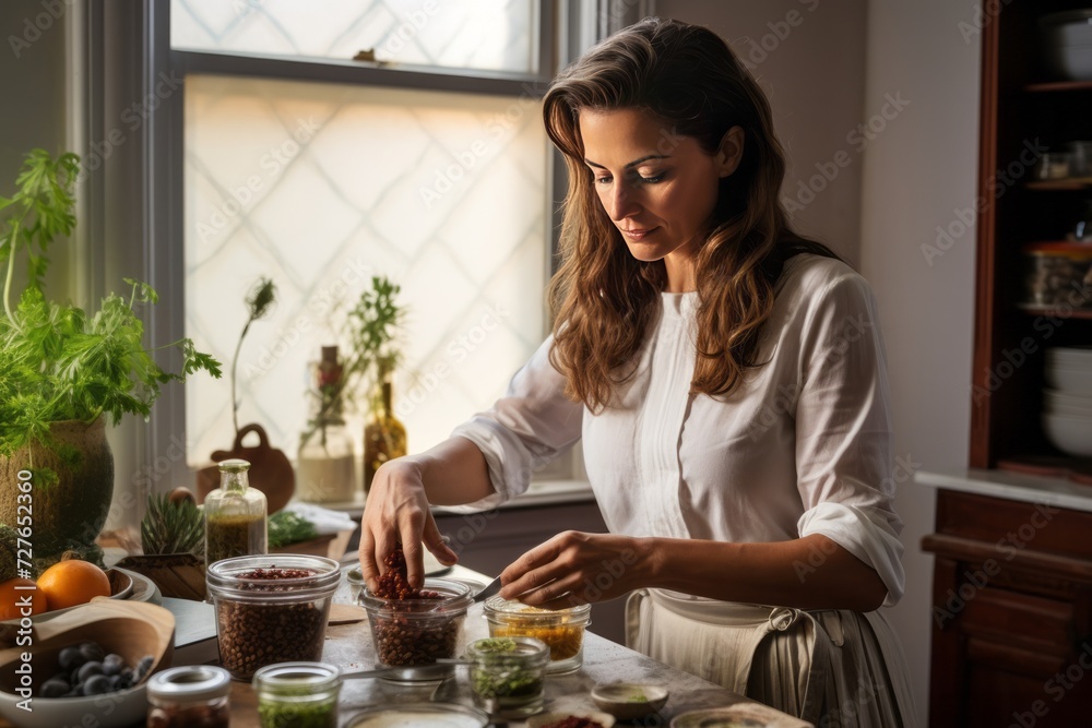 40 year old mid-aged woman cooking Mediterranean food using seasonings and spices in an all white classic kitchen