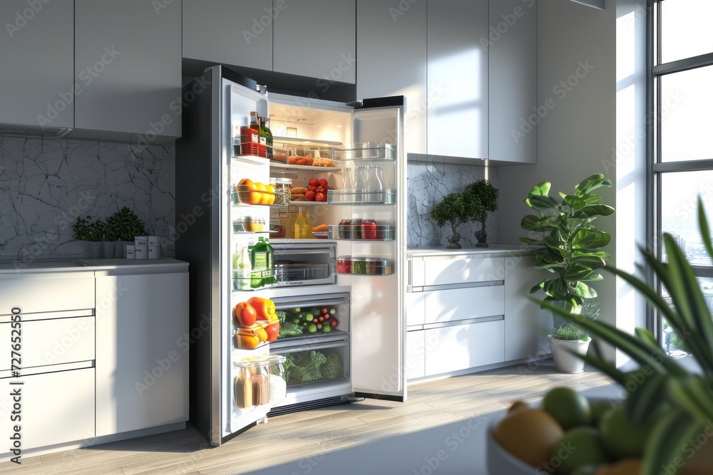 Photorealistic image showcasing an opened kitchen fridge Photorealistic image showcasing an opened kitchen fridge