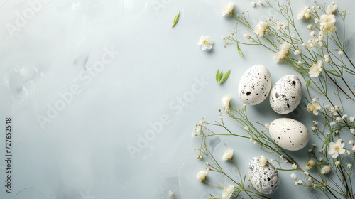 Easter eggs, flowers, and nests adorn a spring-themed illustration with vibrant colors and nature-inspired elements,copy space
