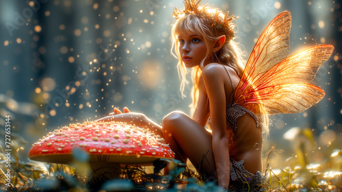 Beautiful young fairy nymph sitting on a toadstool in a magical enchanted forest photo