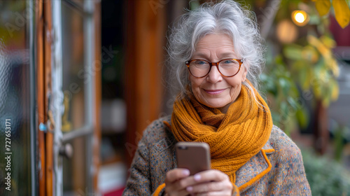 Older mature senior woman using a mobile cell phone technology to text family photo