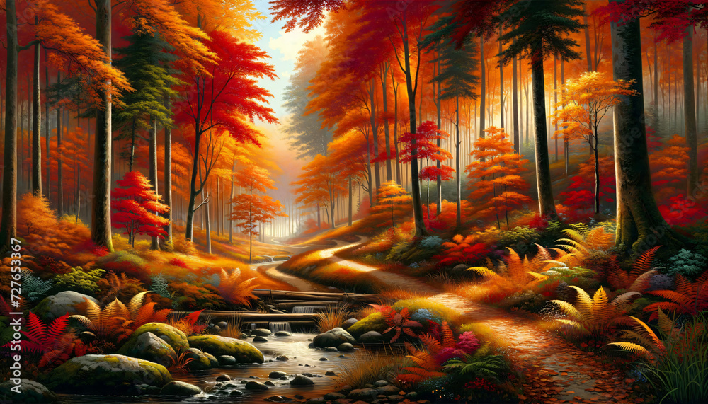Peaceful autumn forest scene with a tapestry of reds, oranges, and ...