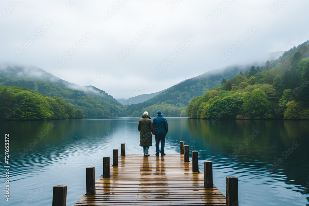 Aged couple admiring lake from pier