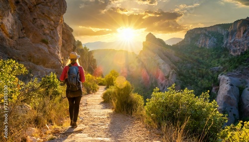 person walking in the mountains, A van traveling at sunset in nature on a canyon path for a road trip to adventure and freedom