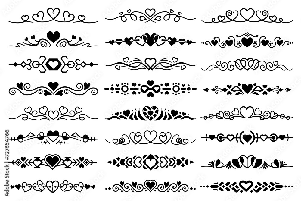 Abstract text dividers with hearts. Line art and flat decorative, ornamental borders set. Collection of black luxury, elegant paragraph separators.