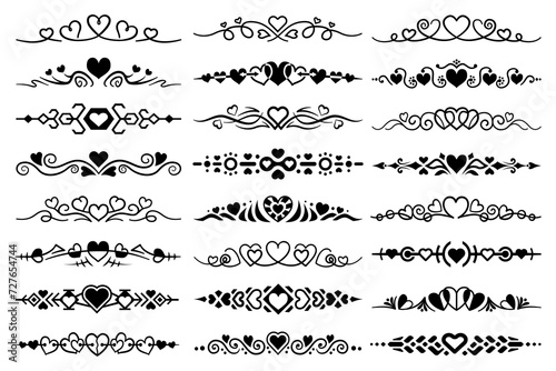 Abstract text dividers with hearts. Line art and flat decorative, ornamental borders set. Collection of black luxury, elegant paragraph separators.