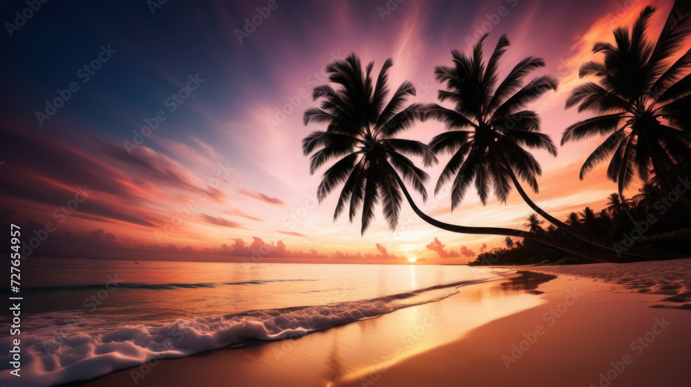 Pristine Paradise: Captivating Sunset and Silhouetted Palms Over Tropical Bliss