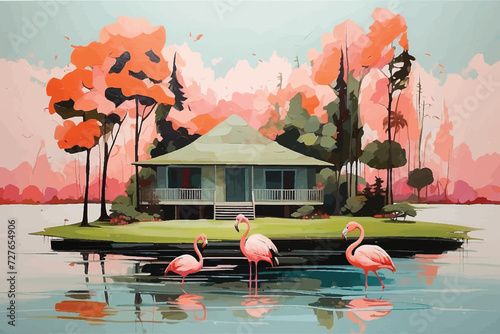 Jef Bourgeau  style forest lake house, flamingo birds landscape oil painting