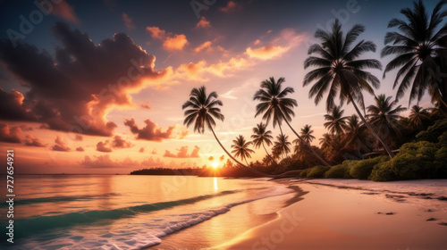 Pristine Paradise: Captivating Sunset and Silhouetted Palms Over Tropical Bliss
