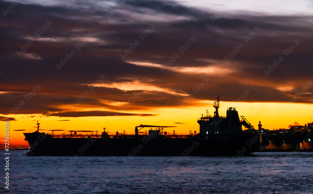 Big silhouette of cargo ship in the Marmara sea, Istanbul, Turkey