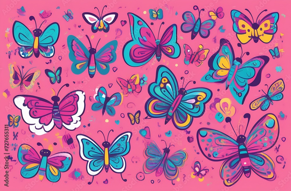 Drawn butterflies of different colors and sizes for decorations made of fabrics, notebooks, clothing, wallpaper, for use in the textile industry