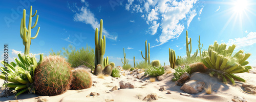 Beautiful natural scenery of blue sky background with cacti displayed on the sand photo