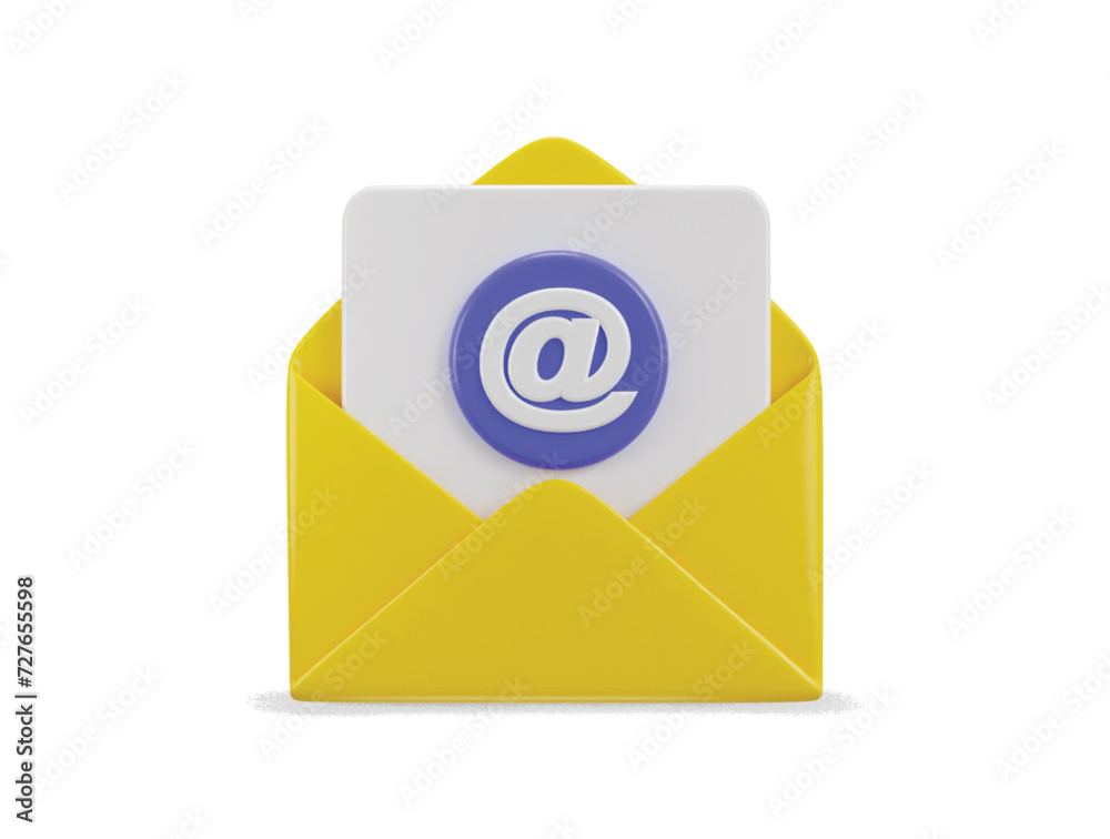 Email icon on yellow envelope with at the rate sign 3d render 