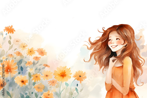 Watercolor cute cartoon girl in flower field background with copy space for banner card print invitation graphic design