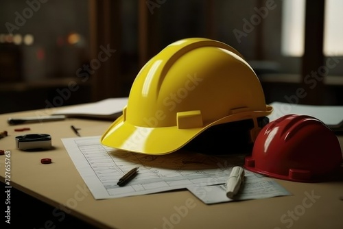 Yellow, white, red, safety helmet on workplace desk with blueprint construction paper