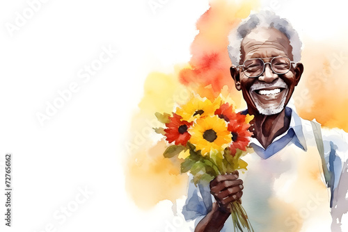 Watercolor dark skinned old man smiling holding flower bouquet portrait painting background for greeting project card design