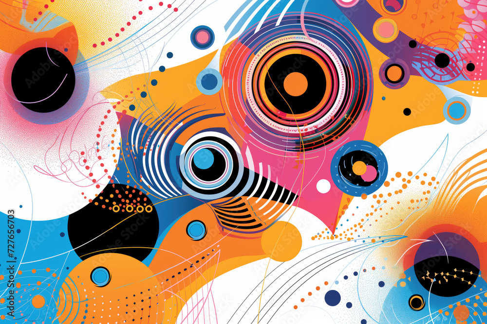 Bright abstract design with curves, dotted lines and circles