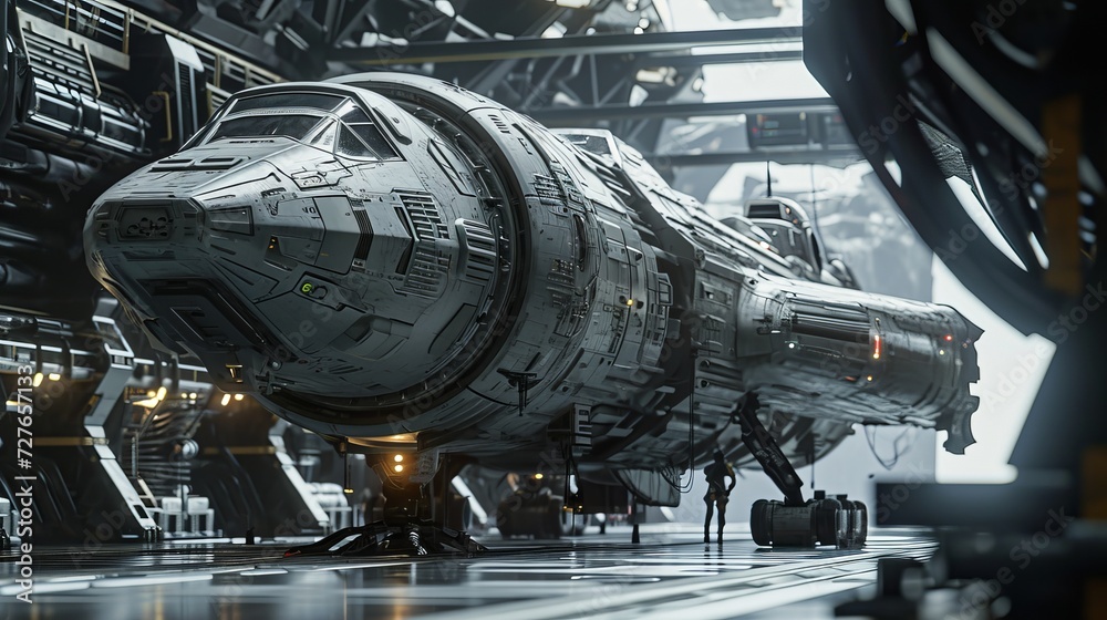 Advanced Futuristic Spaceship Docked in Technologically Rich Space Hangar, Showcasing Complex Engineering and Design