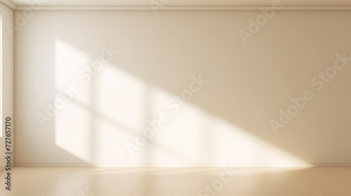 A minimalistic and abstract light beige background is designed for product presentation  enhanced by gentle lighting and intricate shadows cast by a window.