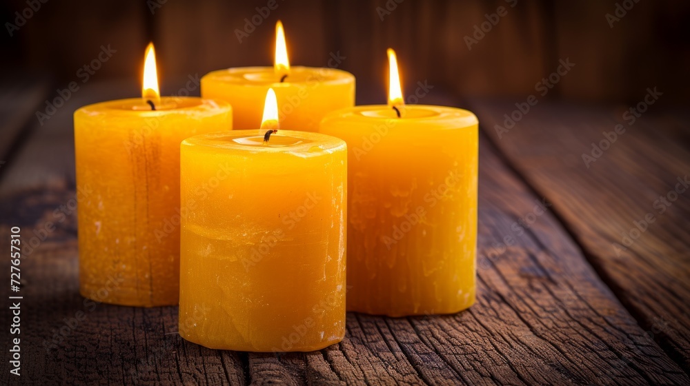 Handmade natural candles showcased on a wooden background. Simplicity and charm of the candles, organic background. Handmade natural candles showcased on a wooden background. Simplicity and charm of the candles, organic background.