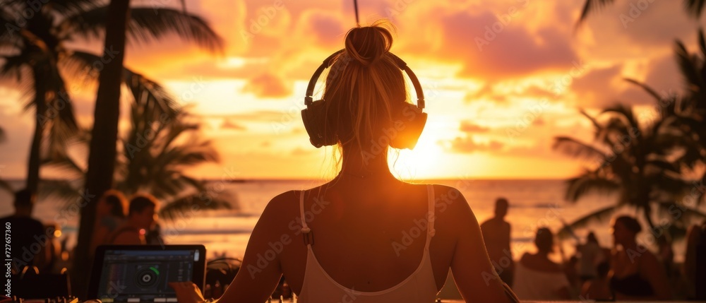 Tropical Sunset Beats: Silhouette of DJ Spinning Tracks at Beach Party Silhouette of person with headphones, DJing at beach party, sunset backdrop, palm trees, laptop on table, vibrant sky, warm hues