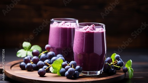 Two glasses of Blueberry smoothie with fresh berries on wooden background, selective focus
