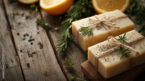 Illustration of featuring handmade natural soap showcased on a wooden background.