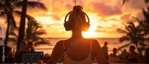 Fototapeta Naklejka Na Ścianę i Meble -  Tropical Sunset Beats: Silhouette of DJ Spinning Tracks at Beach Party Silhouette of person with headphones, DJing at beach party, sunset backdrop, palm trees, laptop on table, vibrant sky, warm hues