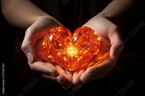 Bright and luminous human heart cradled gently in hands, symbolizing love and compassion